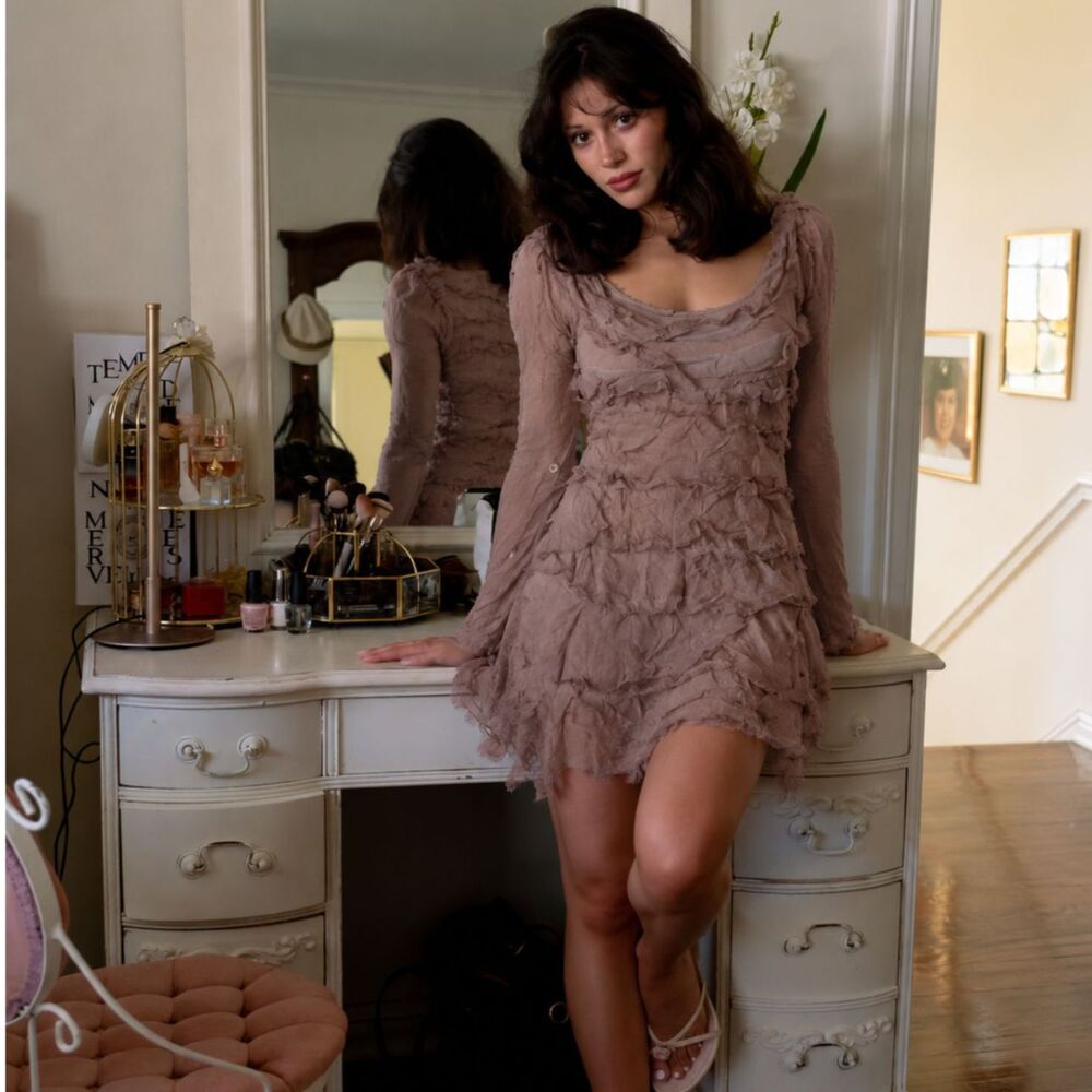 Made in Italy Mauve Silk Ruffle Layered Long Sleeve Tunic Dress Boho Romantic